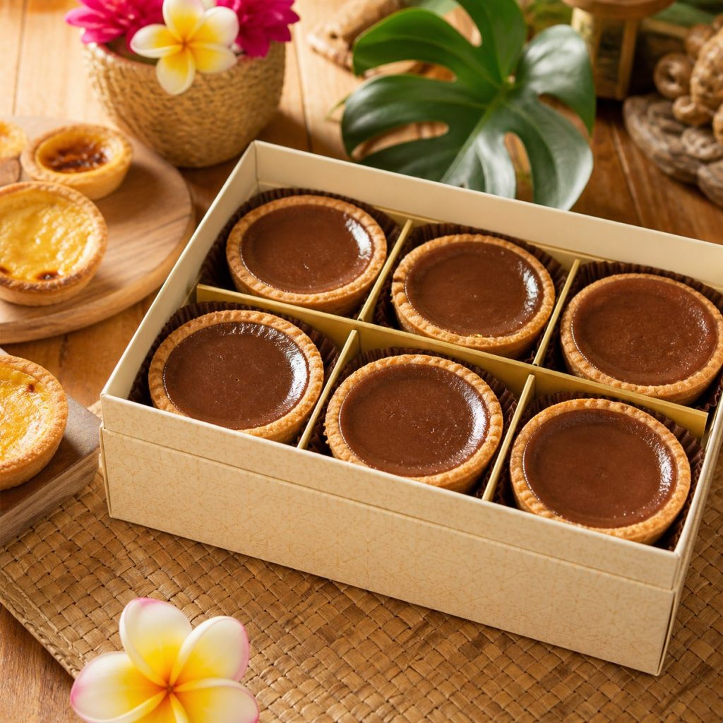 Pie susu Bali coklat dalam kotak oleh-oleh dengan isian coklat lembut